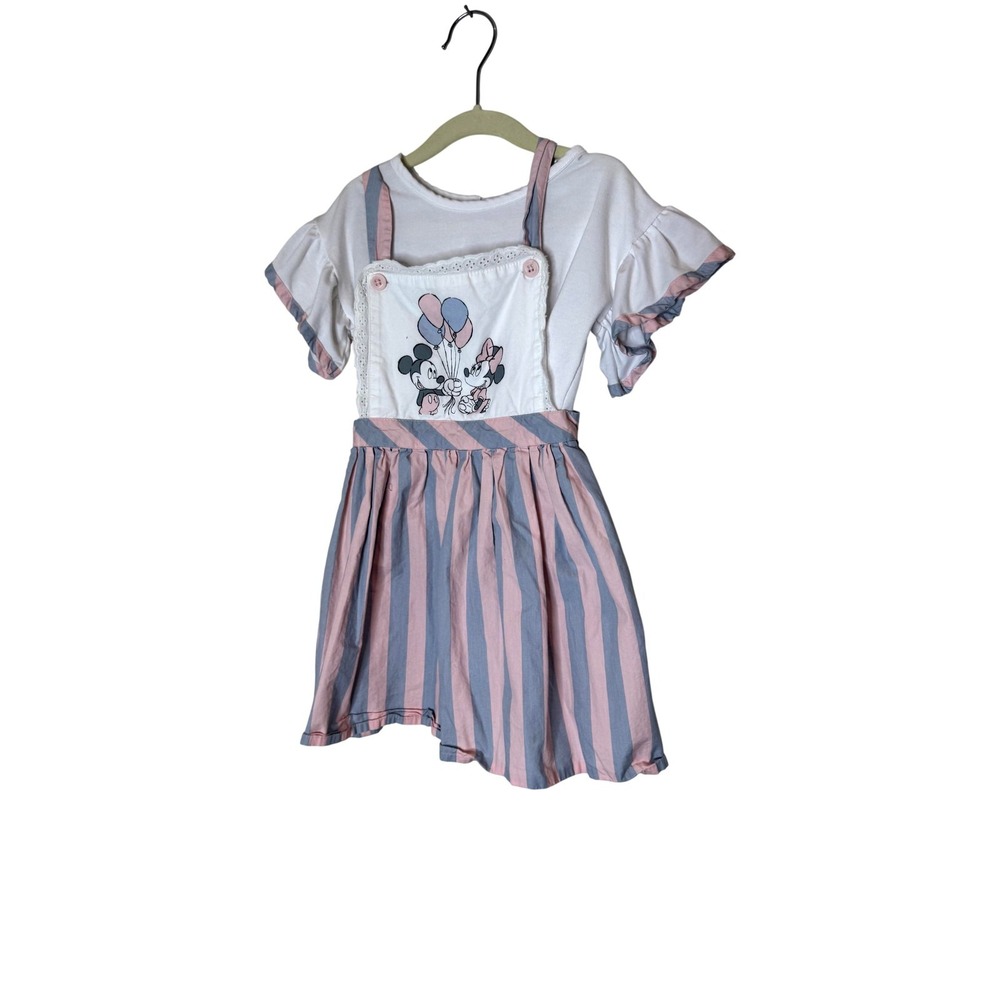 Disney Dress Girls 5T Pink Stripe Mickey Minnie Overall Flutter Sleeve Summer